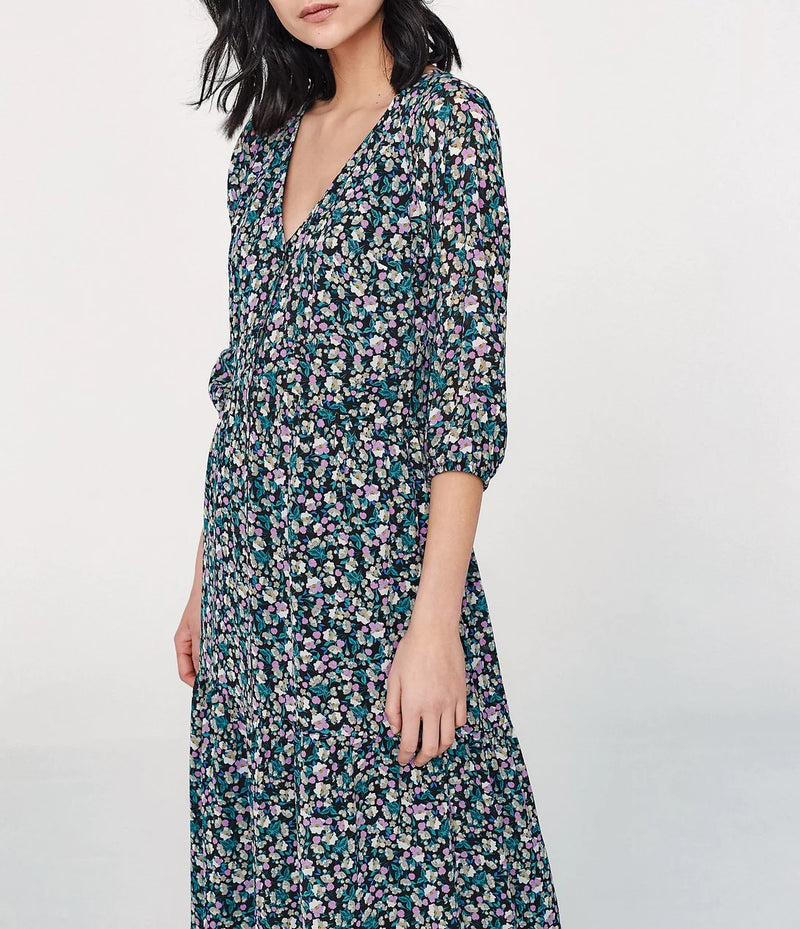 Robe Midi En Viscose Imprim Brass e De Fleur Noir The Bradery