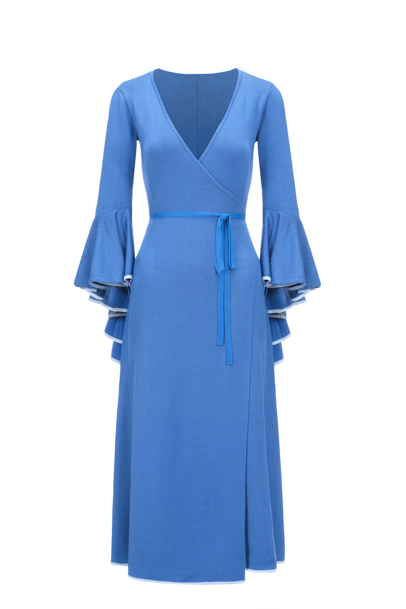 Maille Cache-Coeur Dress With Ruffle Sleeve - Blue | The Bradery